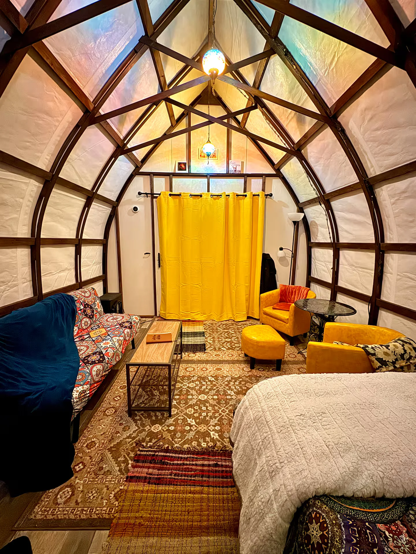 Forest and Flame Retreat cozy cabin interior with kitchenette