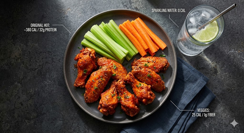 An overhead view of a macro-friendly healthy meal, featuring original hot chicken wings with specific calorie and protein counts, alongside celery sticks, carrot sticks, and lime-infused sparkling water.
