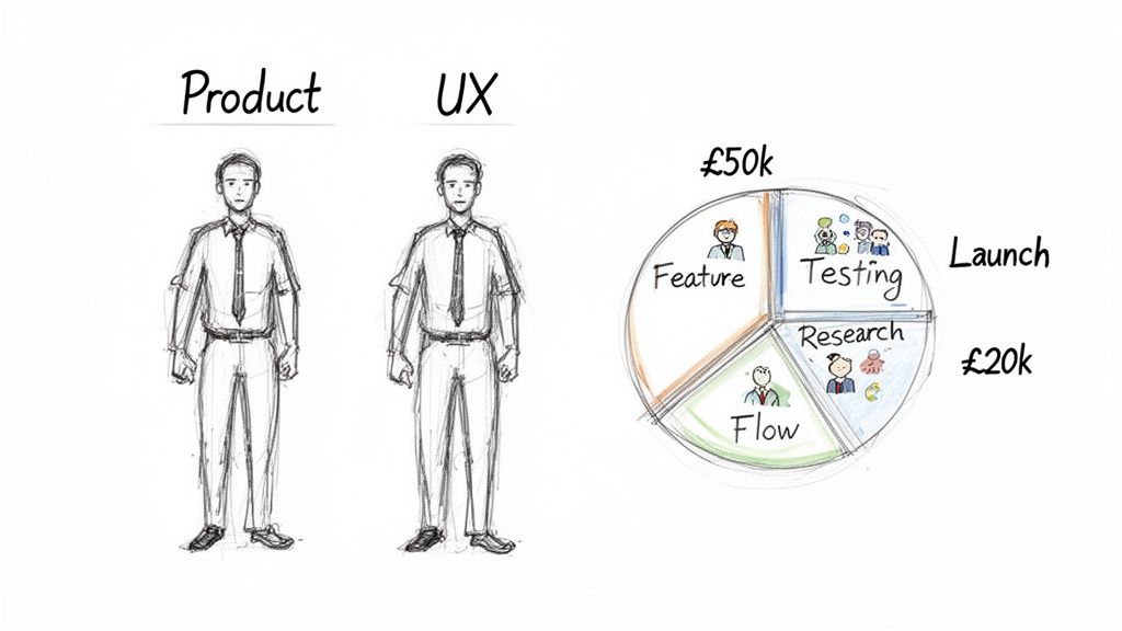 Product vs UX roles comparison next to a project budget allocation pie chart for various project phases.