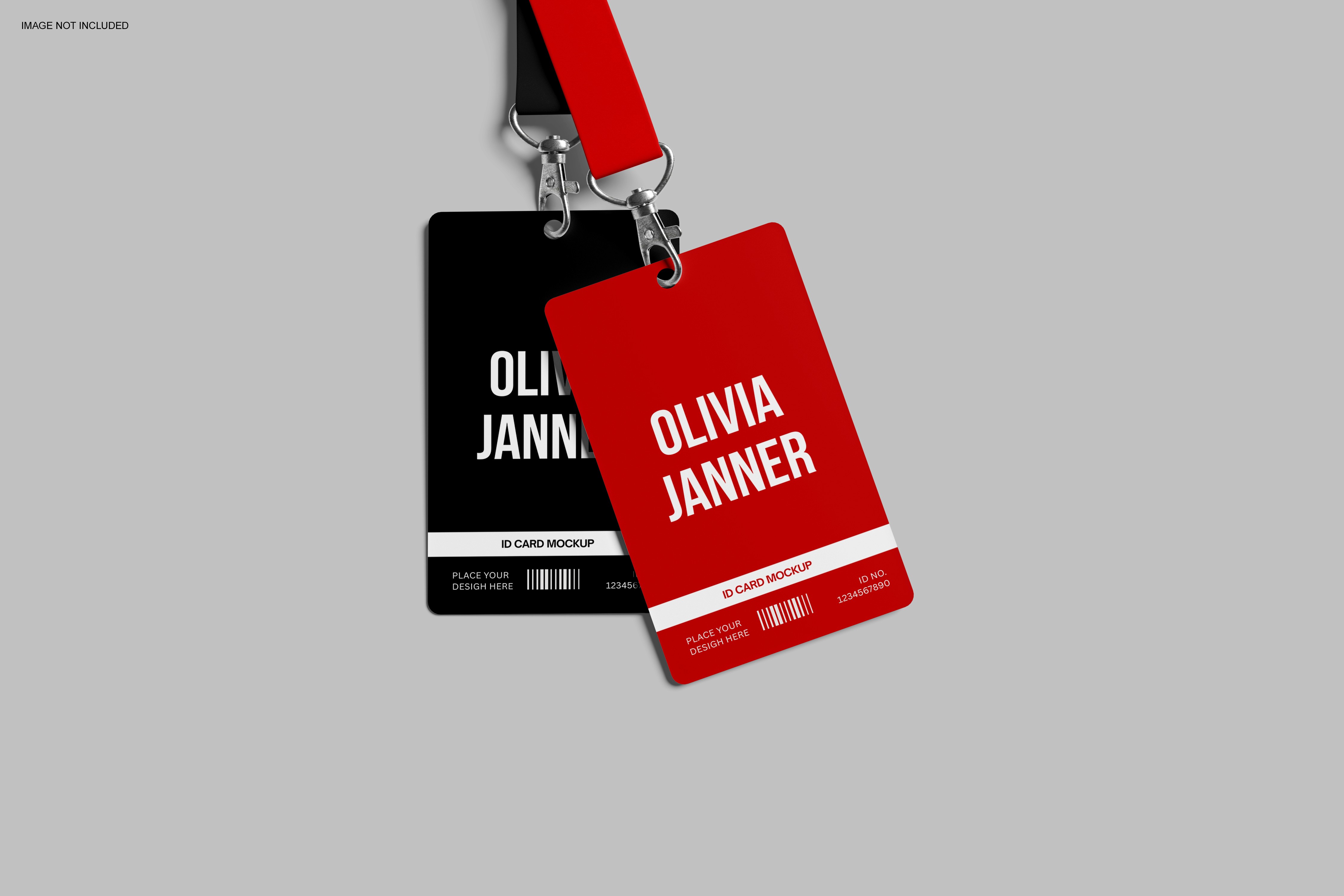 Red and black ID badge mockups with the name “Olivia Janner.”