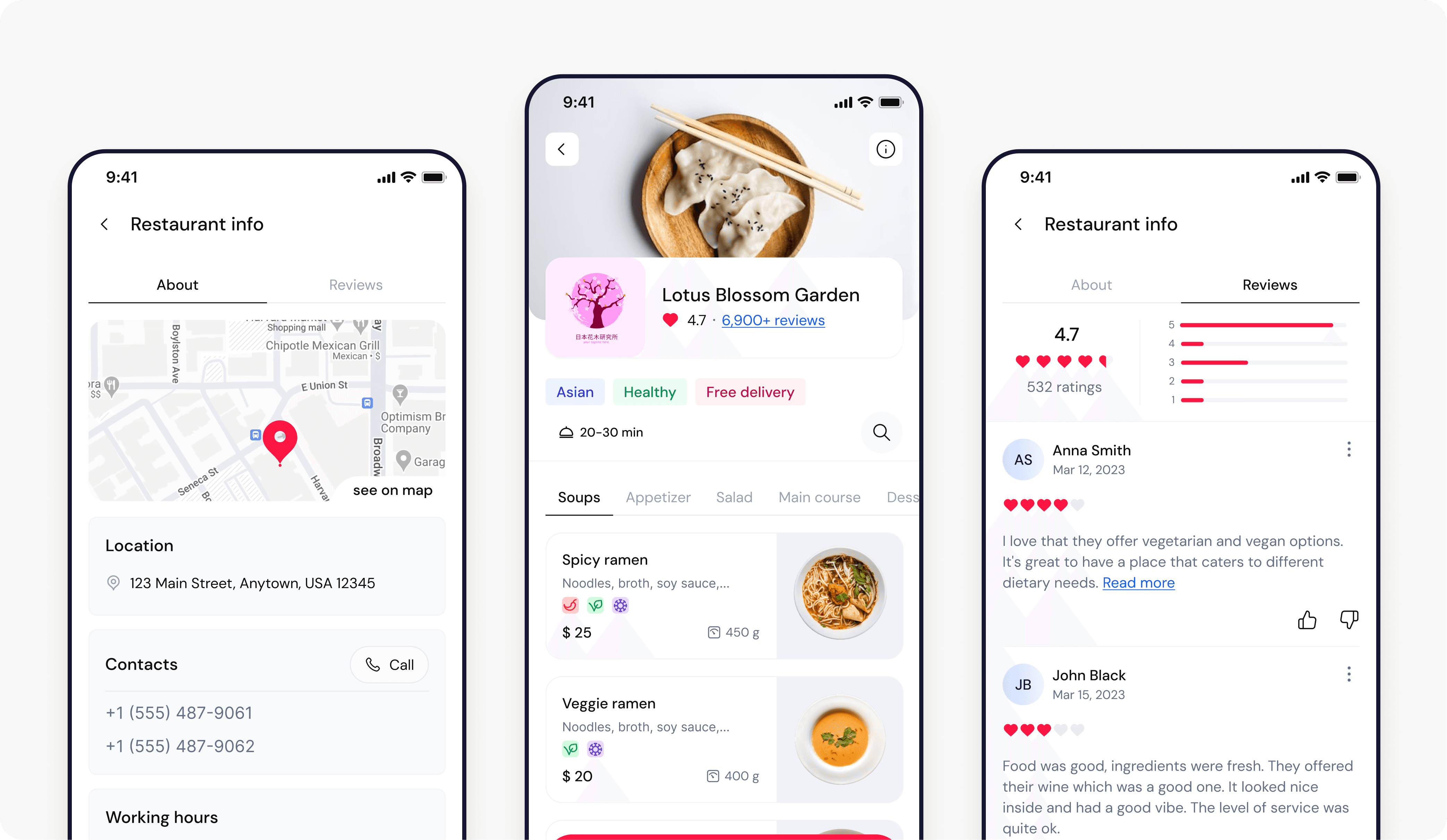 Three smartphone screens displaying an app interface for restaurant information and ordering food. The left screen shows a "Restaurant info" page with a map and a location pin at 123 Main Street, Anytown, USA 12345. It includes contact information with phone numbers and working hours, and an option to see the location on a map. The middle screen features a detailed view of a restaurant named "Lotus Blossom Garden" with a picture of dumplings at the top. The restaurant has a 4.7 rating based on 6,900+ reviews and offers Asian, Healthy, and Free delivery options. Menu items like Spicy ramen and Veggie ramen are listed with prices, descriptions, and icons indicating features such as vegetarian options. The right screen shows the "Reviews" section for the same restaurant, displaying a 4.7 rating from 532 ratings. Reviews from customers, such as Anna Smith and John Black, include their comments and ratings in heart icons.