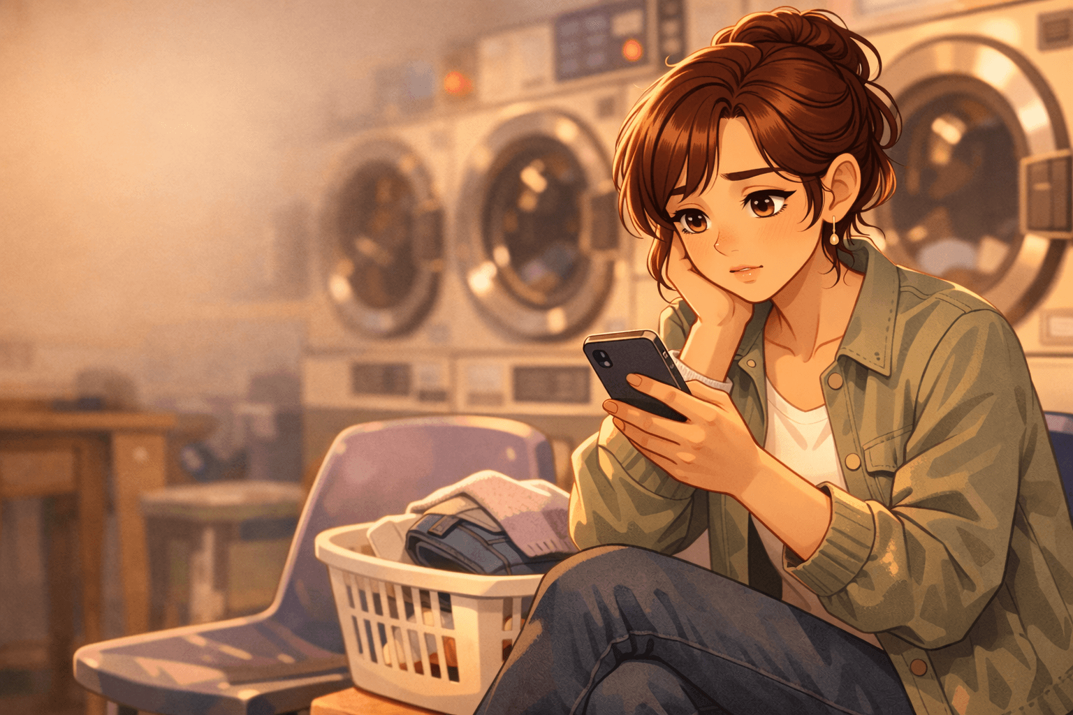 A calm illustrated woman reviews a symptom checklist on her phone while writing cycle notes in a journal.