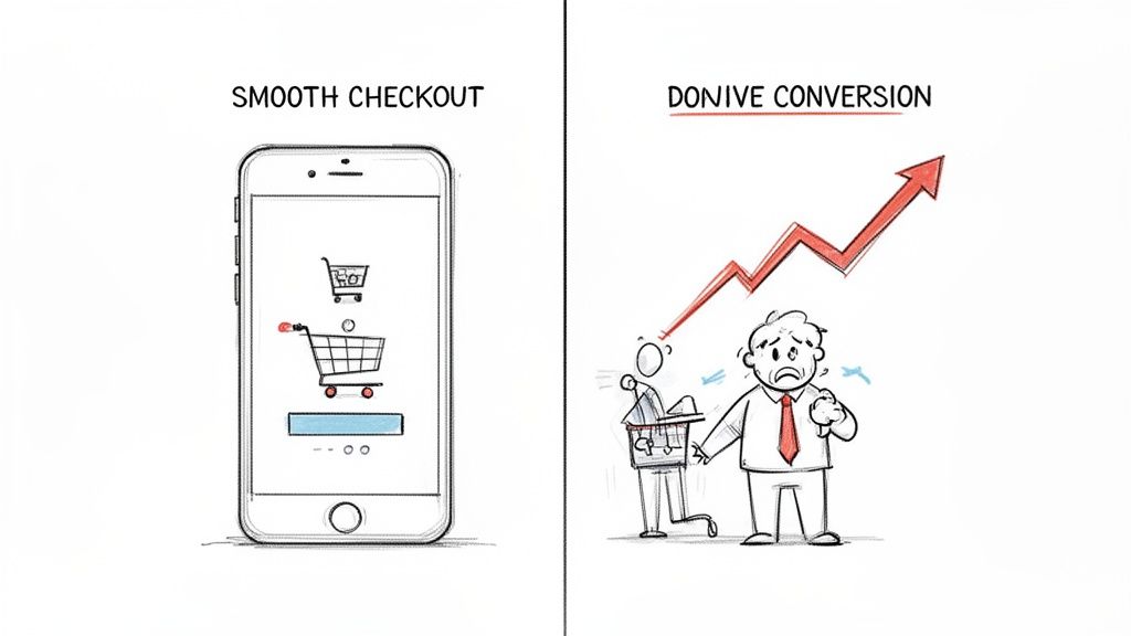 A smartphone illustrating a smooth mobile checkout process, leading to a strong increase in conversion.