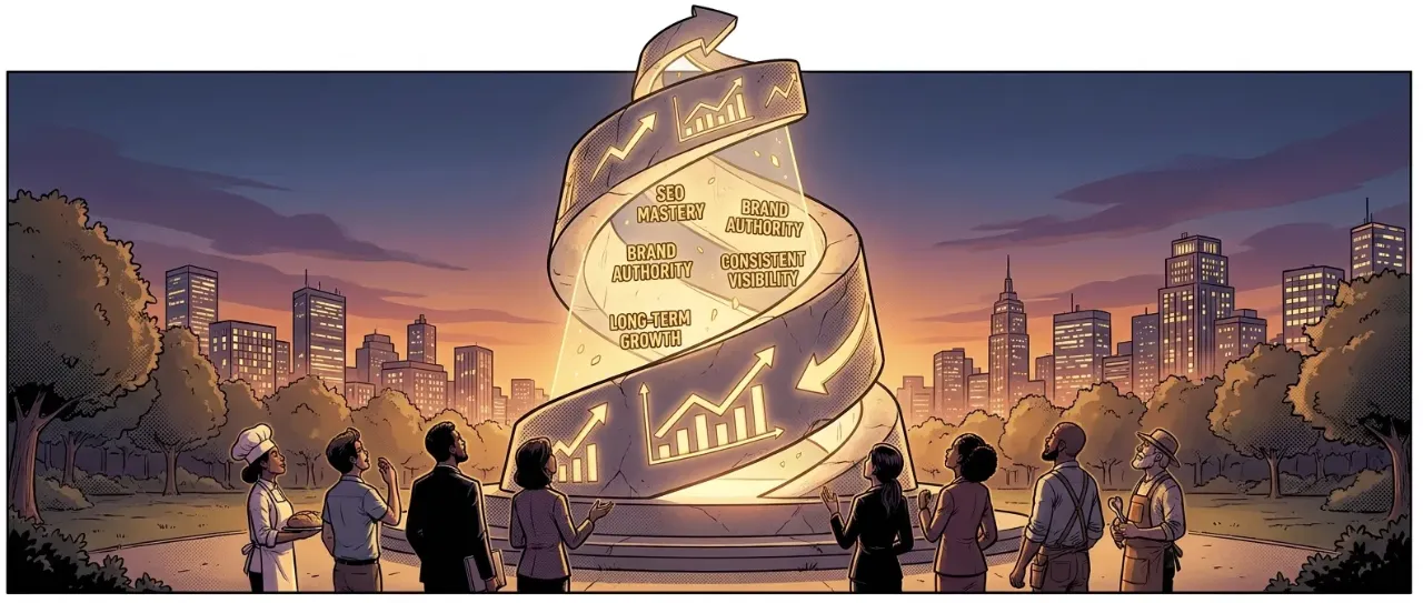 People admiring digital marketing concepts tower by RockN' Socials agency.