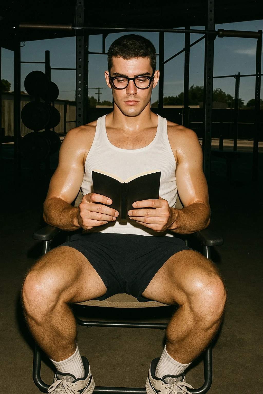 unger Mann im Trainingsumfeld liest konzentriert ein Buch – Darstellung der Verbindung aus geistiger Klarheit und körperlicher Performance