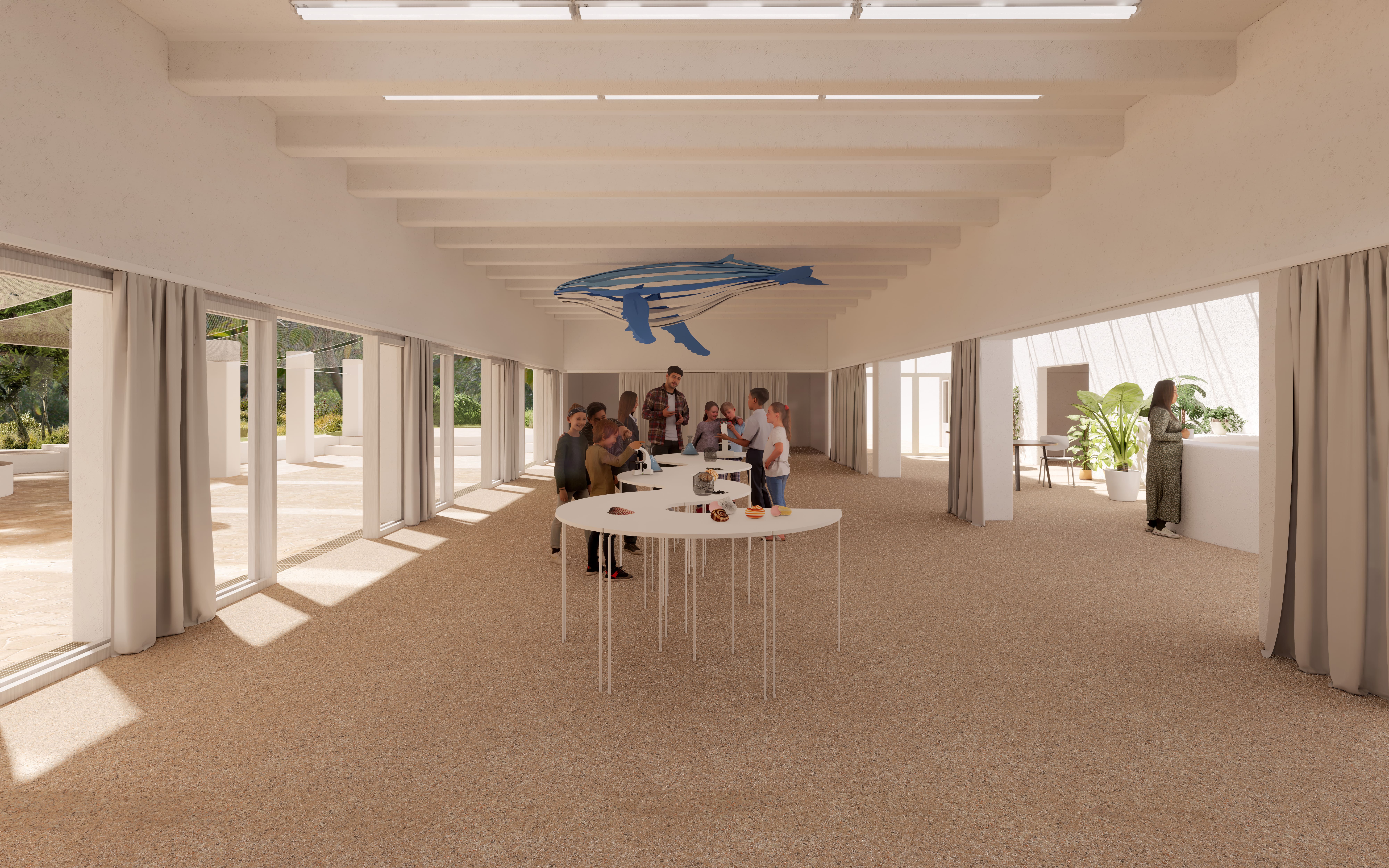 Render del interior en el que se ve su uso para talleres de educación ambiental