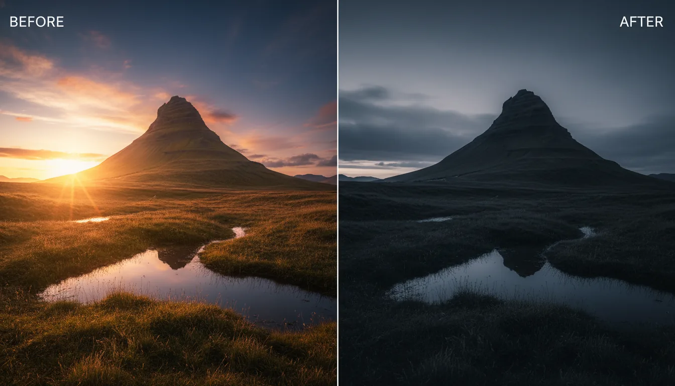 Split-screen comparison photograph demonstrating before-and-after color grading of a dramatic landscape. Wide-angle DSLR shot of a prominent cone-shaped mountain beside a vast, grassy field with small water puddles. The left side is vibrant with warm golden hour lighting, showing a brilliant orange and yellow sunset against a deep blue sky with wispy clouds. The right side has a desaturated, cool-toned cinematic contrast grade, with the mountain and foreground nearly silhouetted, crushed blacks, and a muted, moody blue sky.