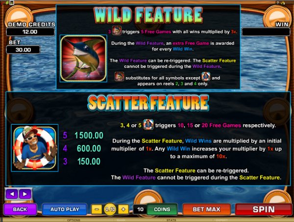 Wild Catch - écran des fonctionnalités bonus