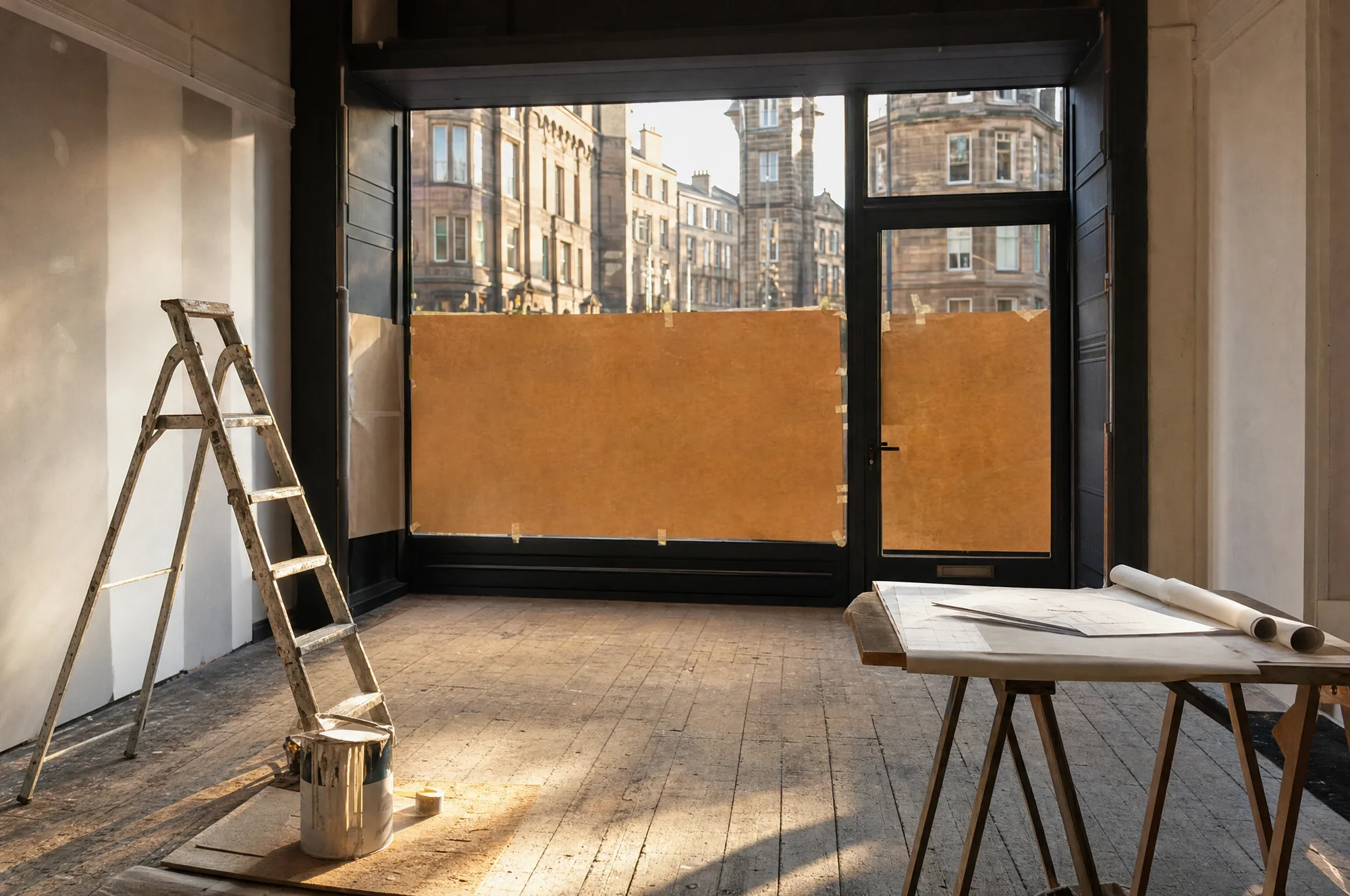 An empty shop being fitted out, with brown paper on the windows and a stepladder