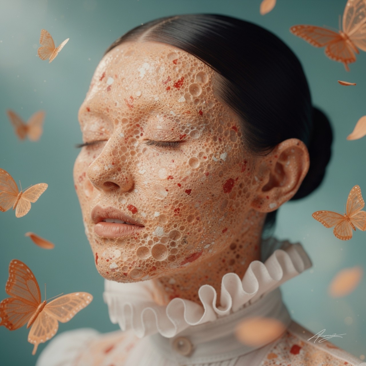 A serene woman with eyes closed, her skin textured with bubbles and earthy tones, surrounded by delicate orange butterflies against a soft teal background.