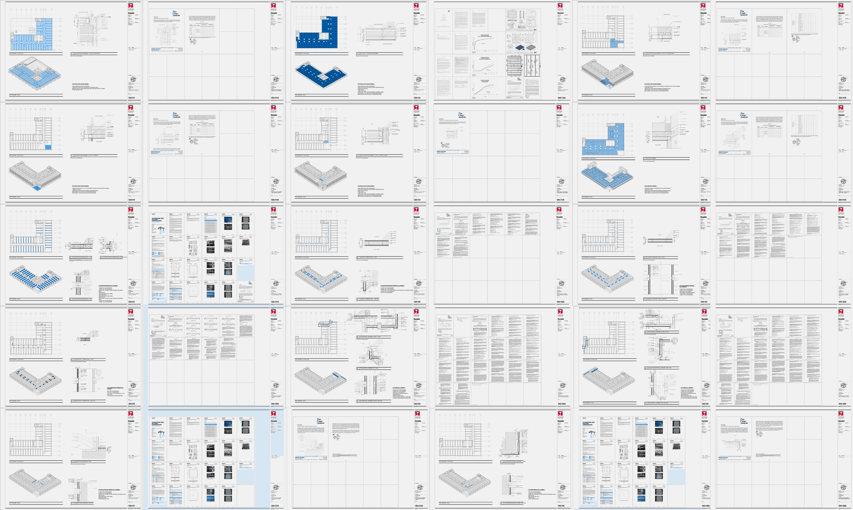 A comprehensive grid displaying plans, axonometric views, and detailed drawings illustrates the extensive testing and documentation required to validate fire resistance of the unconventional assemblies.