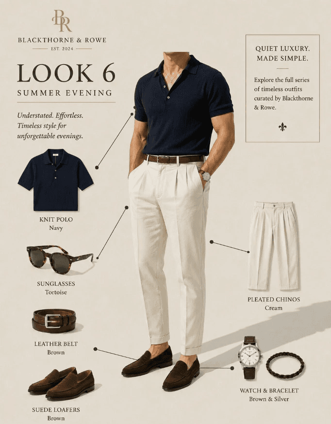 A style guide infographic from Blackthorne & Rowe titled "LOOK 6: SUMMER EVENING." The center features a man modeling an elegant evening outfit consisting of a short-sleeved navy blue knit polo shirt tucked into cream-colored pleated chinos with cuffed hems, secured by a classic brown leather belt and finished with dark brown suede loafers. Thin black pointer lines connect the model to individual product shots on either side: a navy knit polo, tortoise-shell sunglasses, a brown leather belt, brown suede loafers, cream pleated chinos, and a silver watch with a brown leather strap paired with a braided brown and silver bracelet. The top right corner displays a box reading "QUIET LUXURY. MADE SIMPLE."