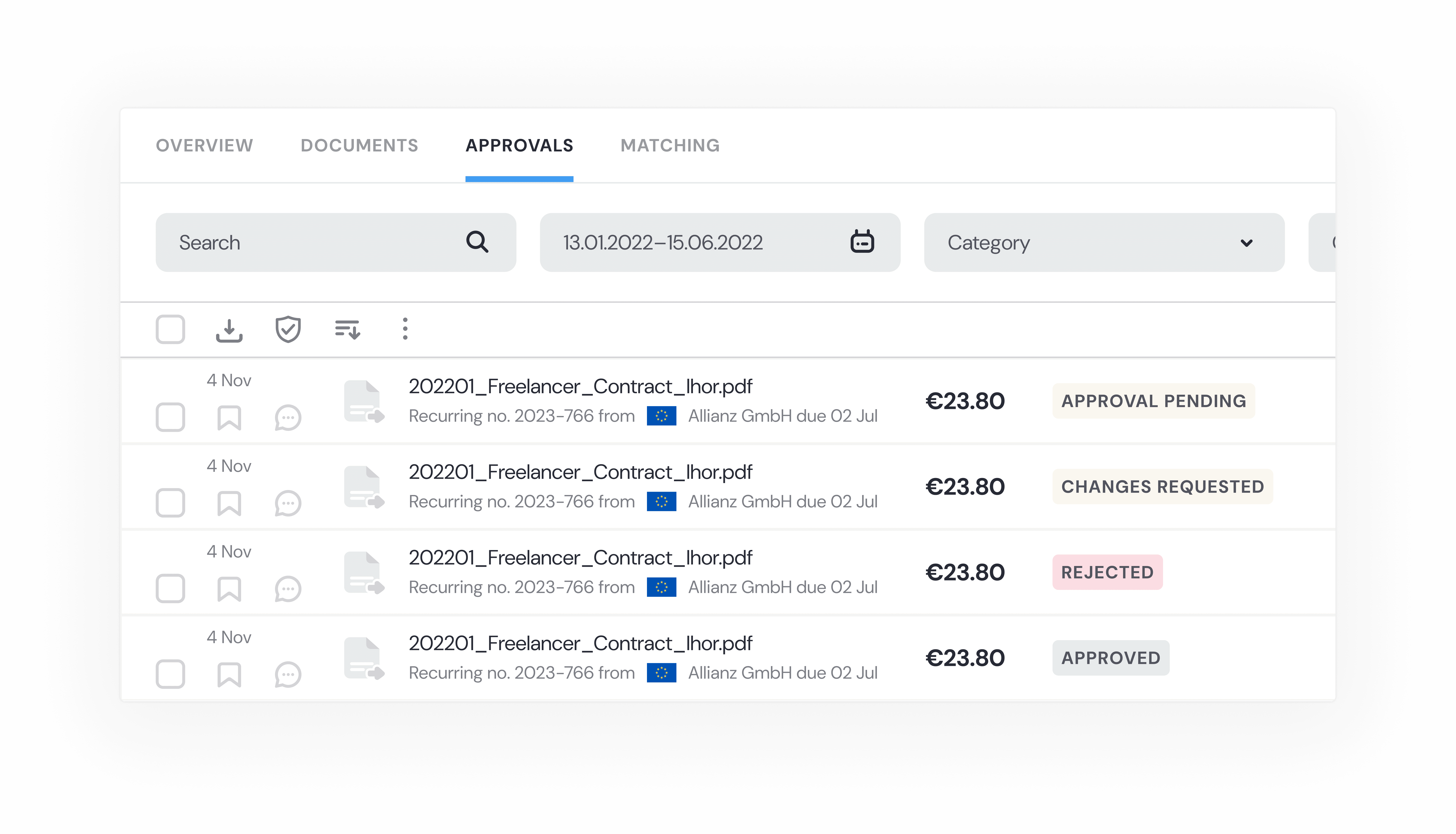 Before and after: separate Approvals tab with 4 status types consolidated into Documents tab with approval status as filter - Verified/approved, Overdue/declined, Viewed/approval pending