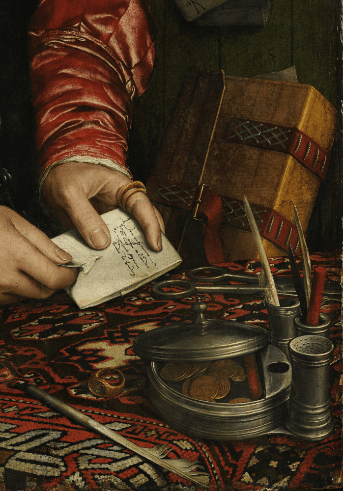 A close-up of hands working with tools on a wooden surface, surrounded by various metallic instruments and a textured background.