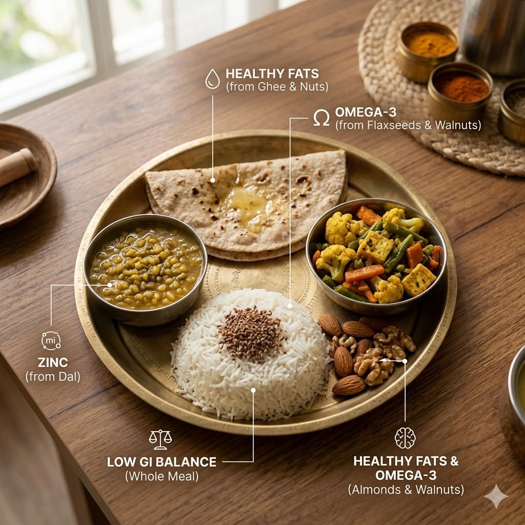 A top-down view of a traditional Indian meal on a brass plate with nutritional labels. It includes roti, dal, white rice with flaxseeds, mixed vegetables, and almonds and walnuts. Labels point to key nutrients: "Healthy Fats," "Omega-3," "Zinc," and "Low GI Balance." A modern wellness infographic with bright natural lighting.