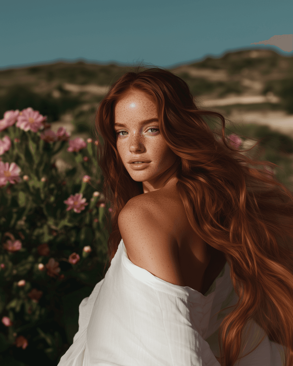 A woman with long auburn hair standing in a field of pink blossoms, with soft hills behind her.