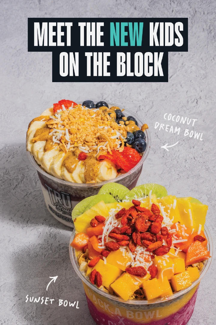 Social media example for a superfood and smoothie brand. This design shows two bowls and the text 'meet the new kids on the block'