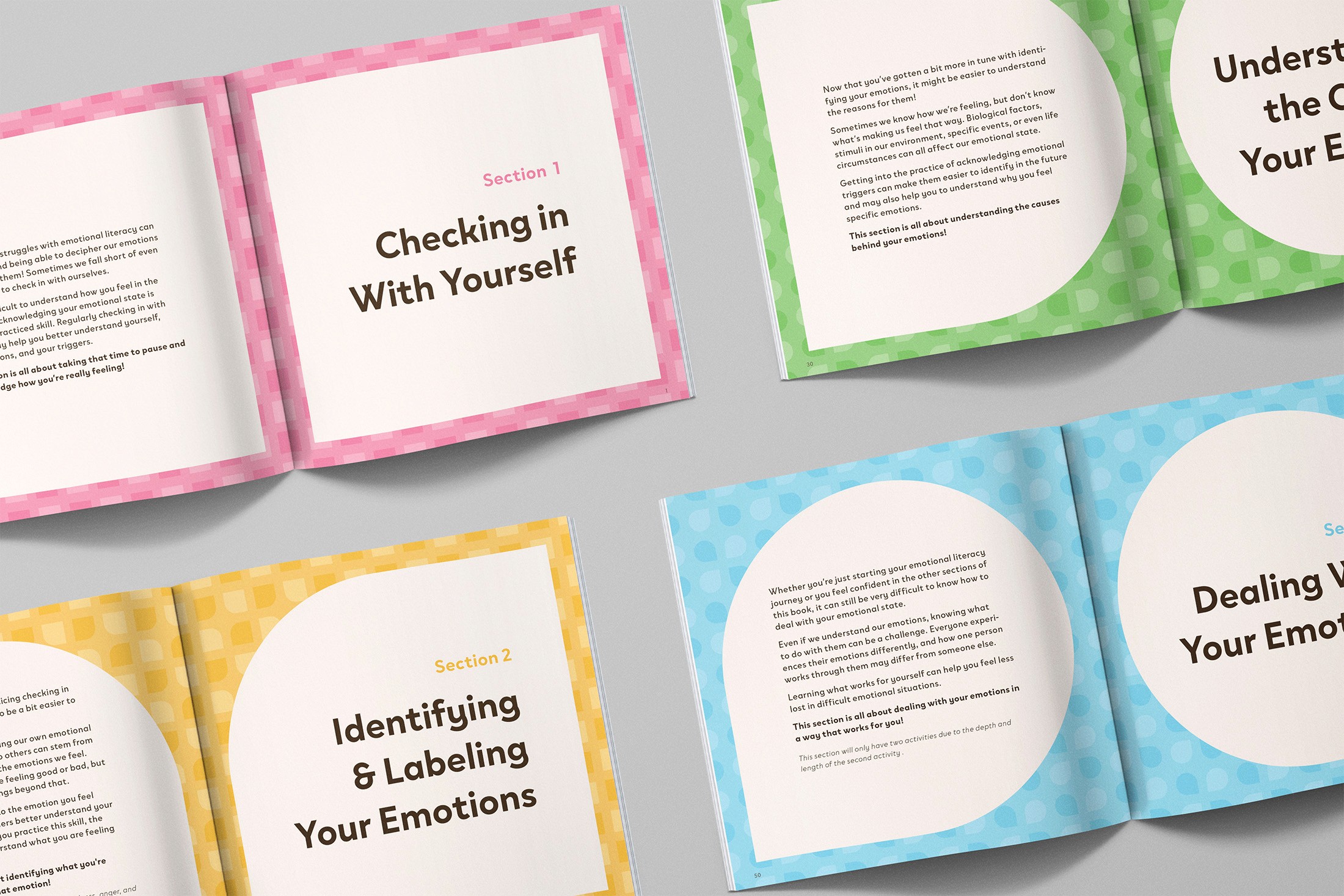 Mockup showing 4 spreads of the book's section intros