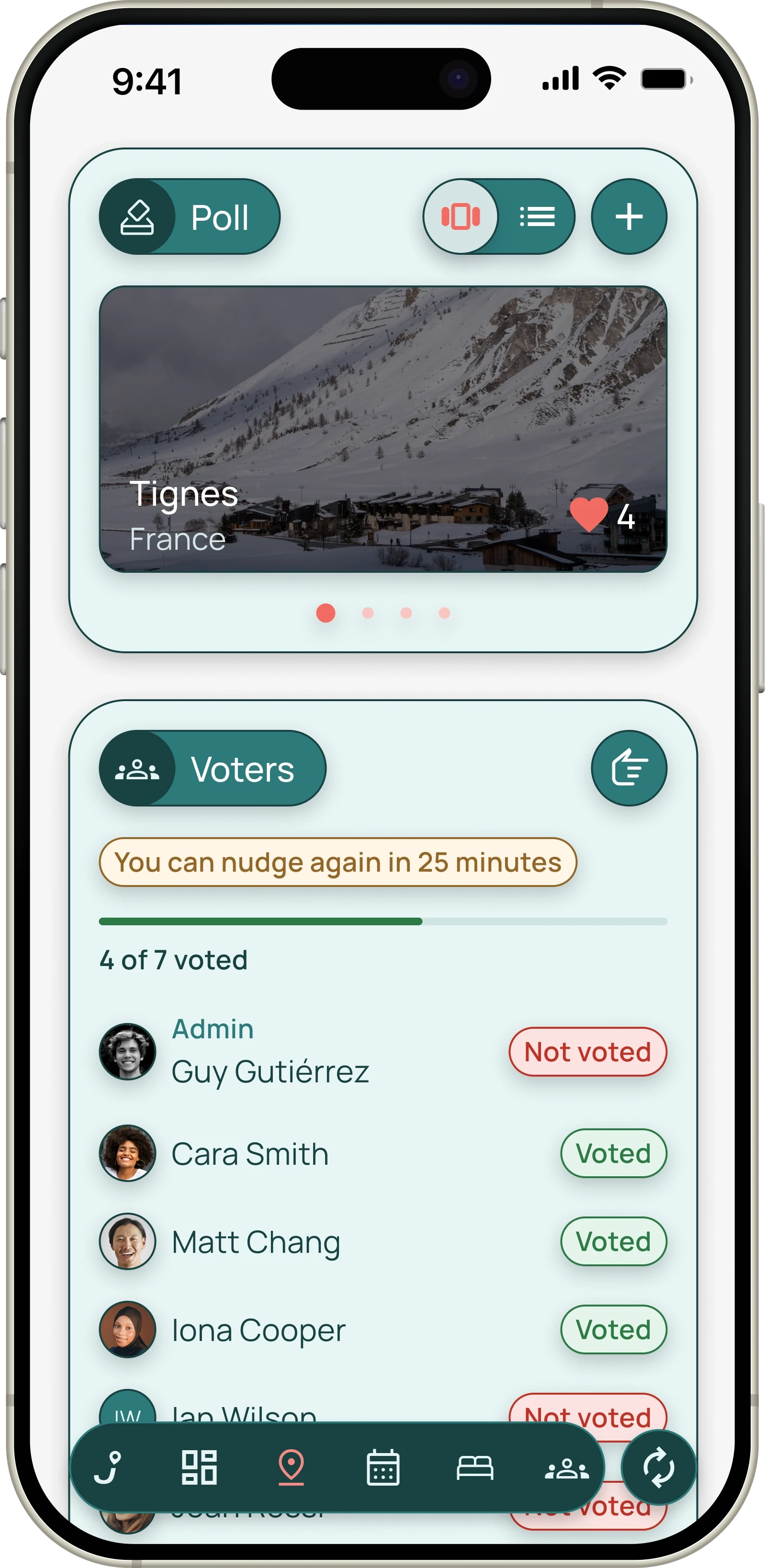 Jaunt poll showing Tignes and a list of who has and hasn't voted