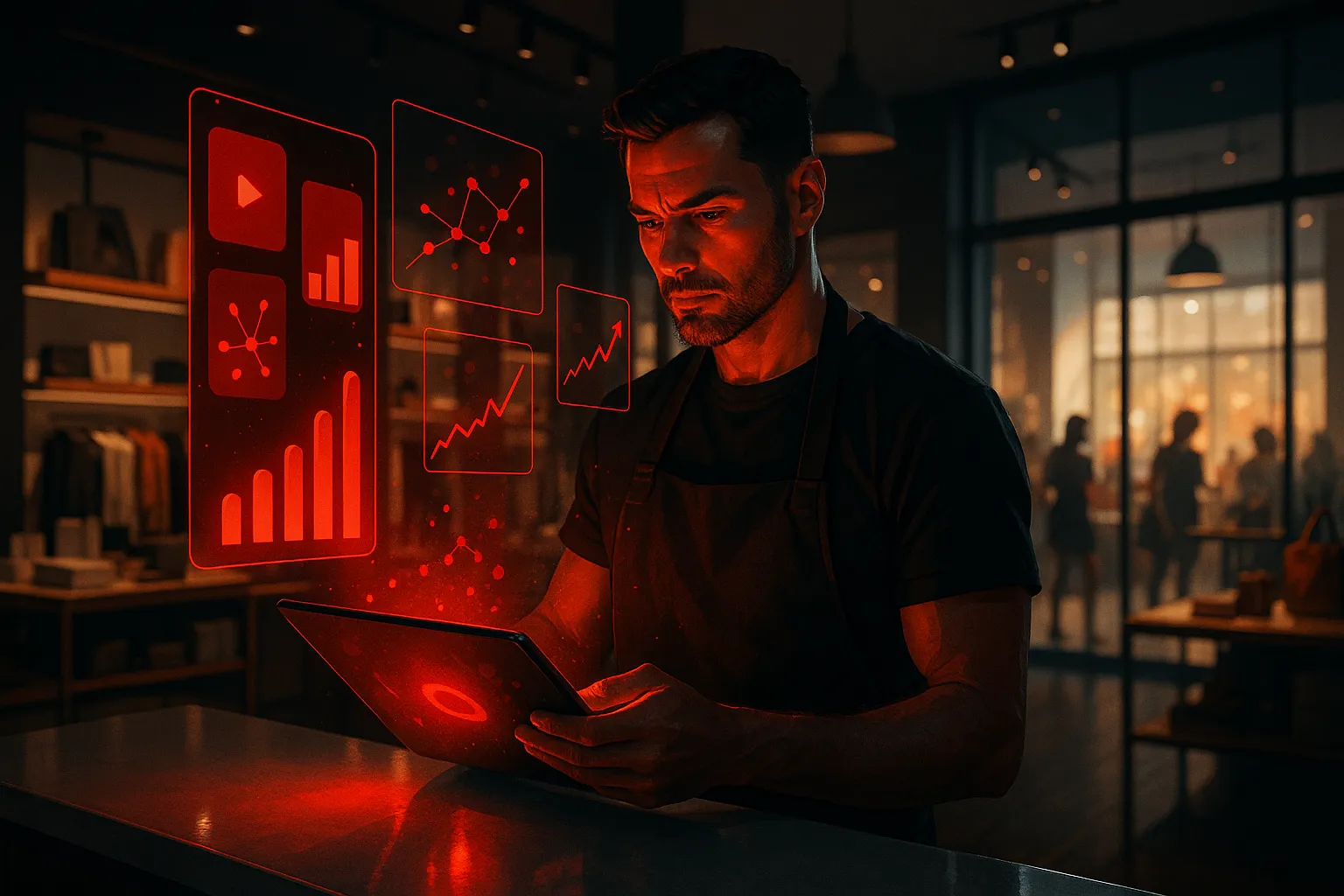 Man using tablet for RockN' Socials digital marketing insights in agency.