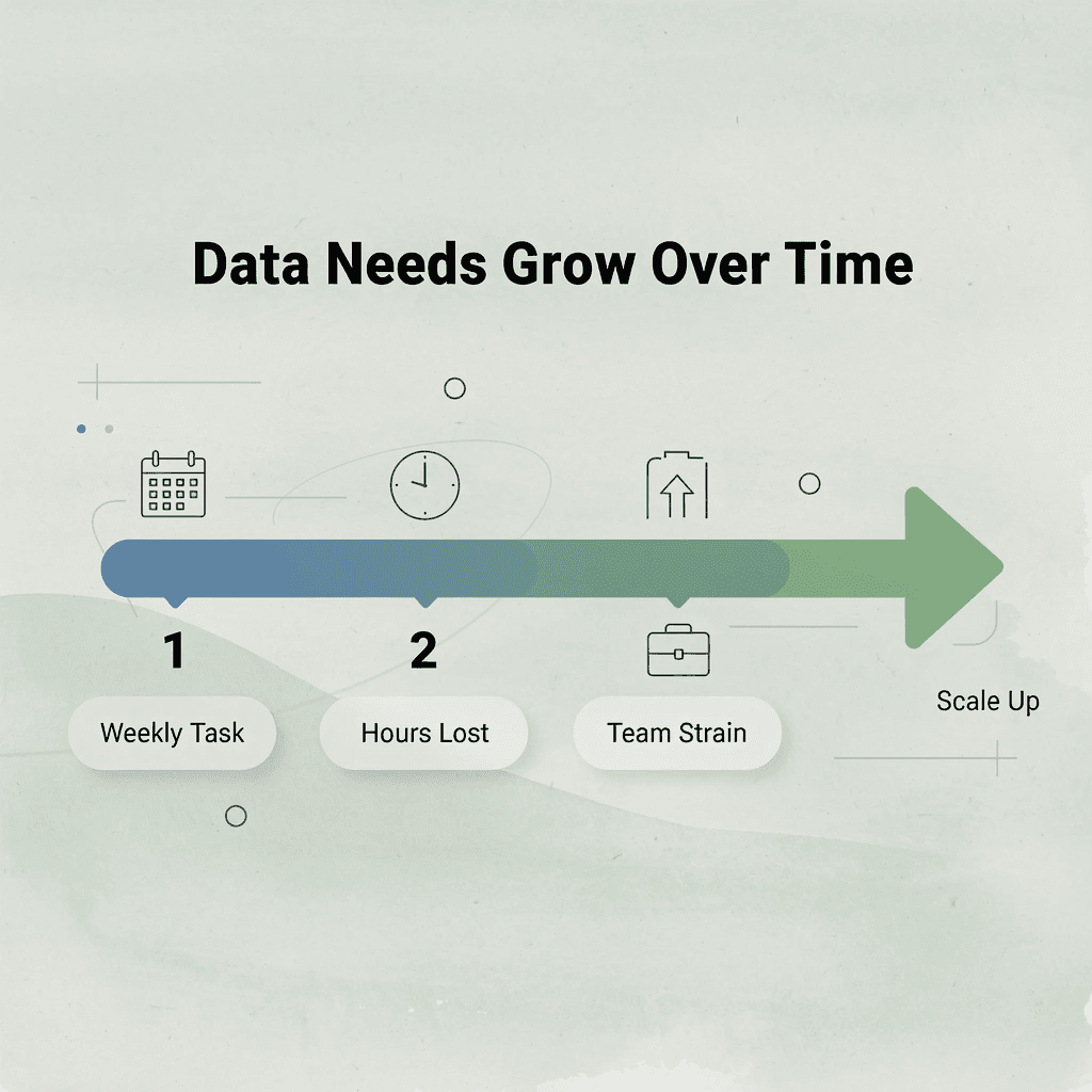 Arrow progression showing how data collection needs grow from a simple weekly task to a major team burden