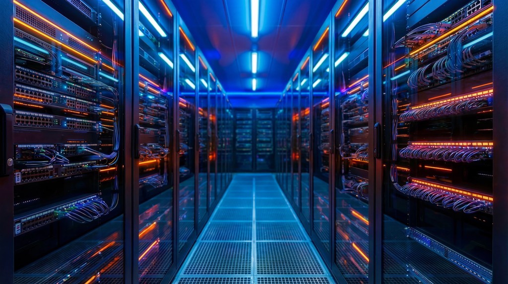Een ruimte vol met servers en oplichtende lampjes