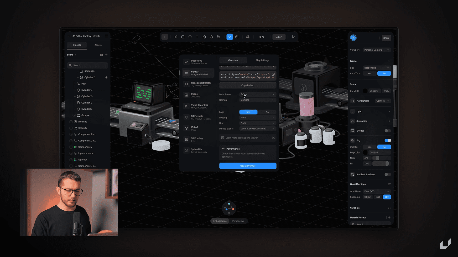 3D design platform showing conveyor machine setup and export options with presenter