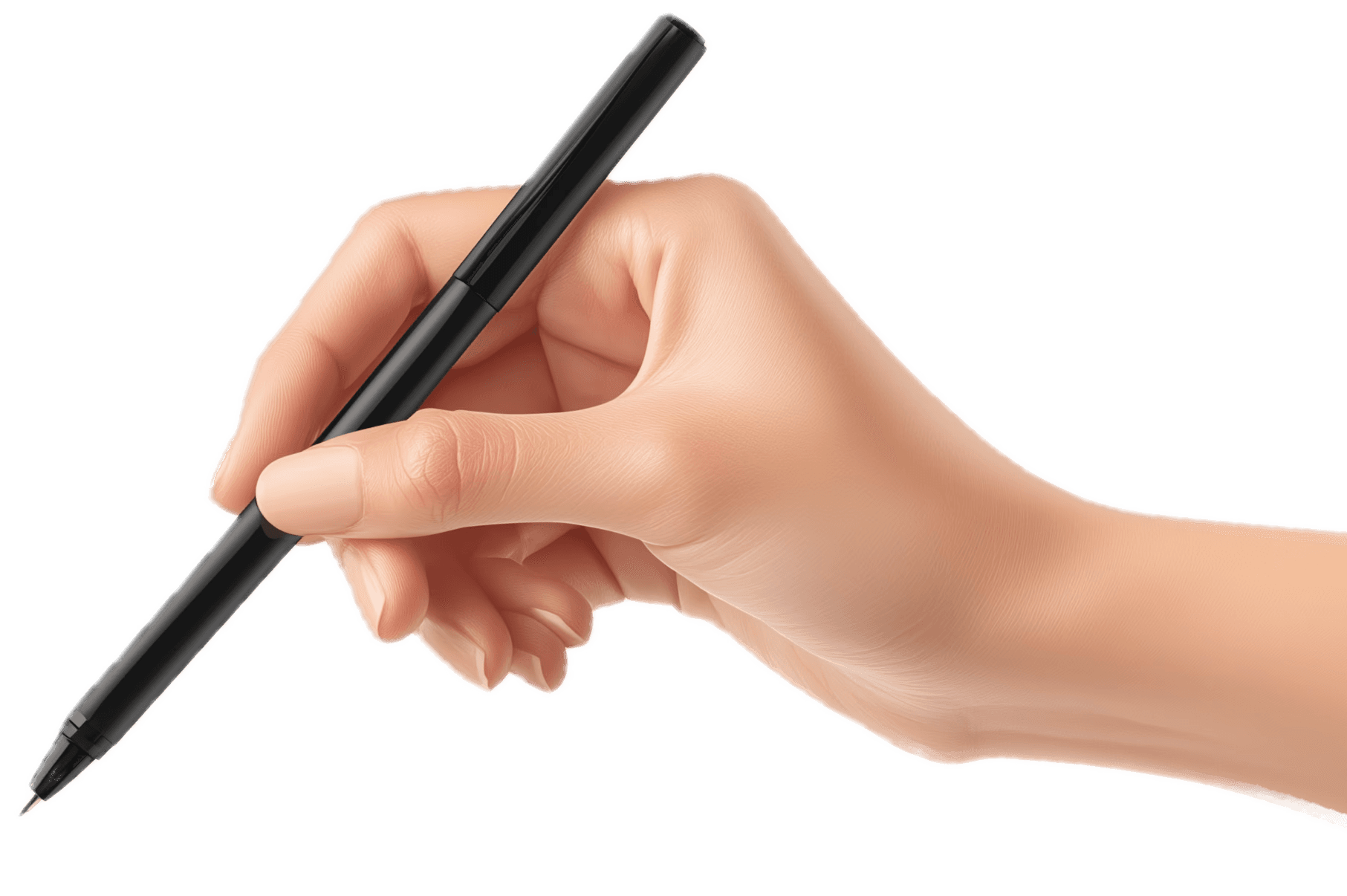 A hand holding a black pen, poised to write or draw on a surface.