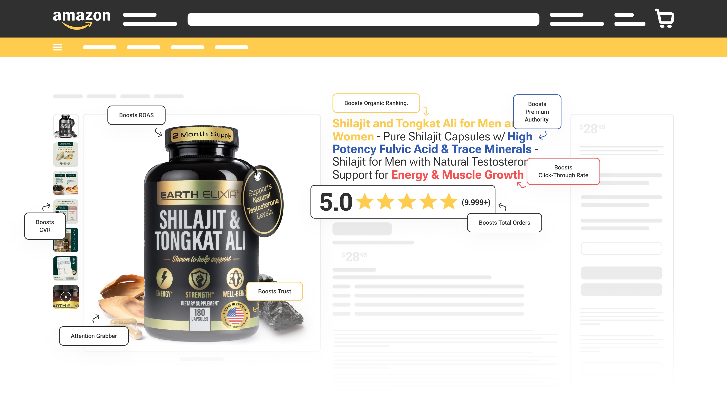 Amazon page mockup showcasing improvements Pinestel can do to any listing