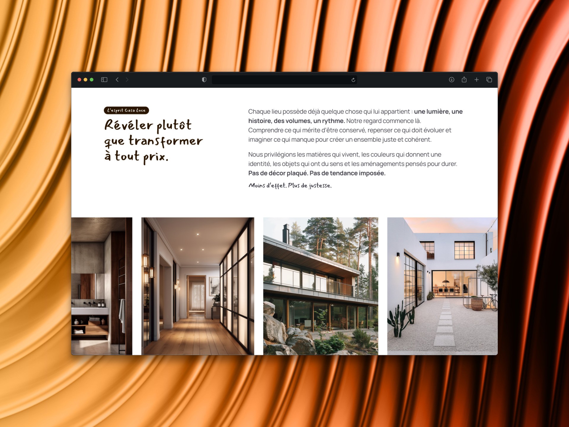 Section "L'esprit Casa Luce" du site, présentant la philosophie du studio au-dessus d'une galerie de photos d'intérieurs et de façades.
