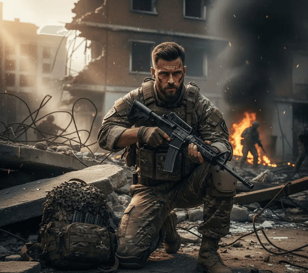 Hyper-realistic cinematic shot of a battle-worn soldier in tactical gear kneeling with a rifle amidst urban ruins, smoke, and fire background - Visual Design by Mahendra R.