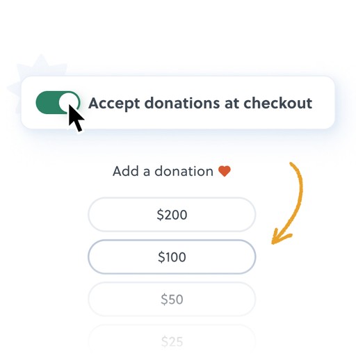 Toggle to enable accepting donations at checkout. Donation options: $200, $100, $50, $25.
