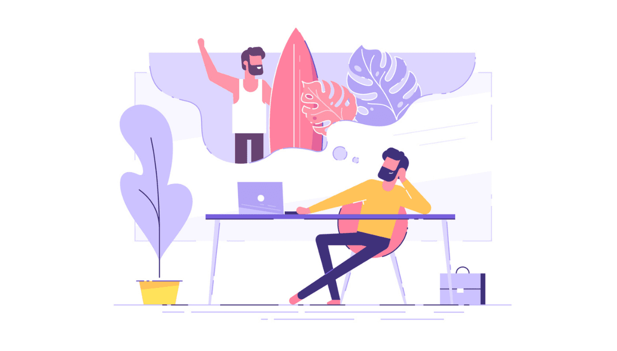 Illustration of an office worker daydreaming about surfing while seated at a desk.