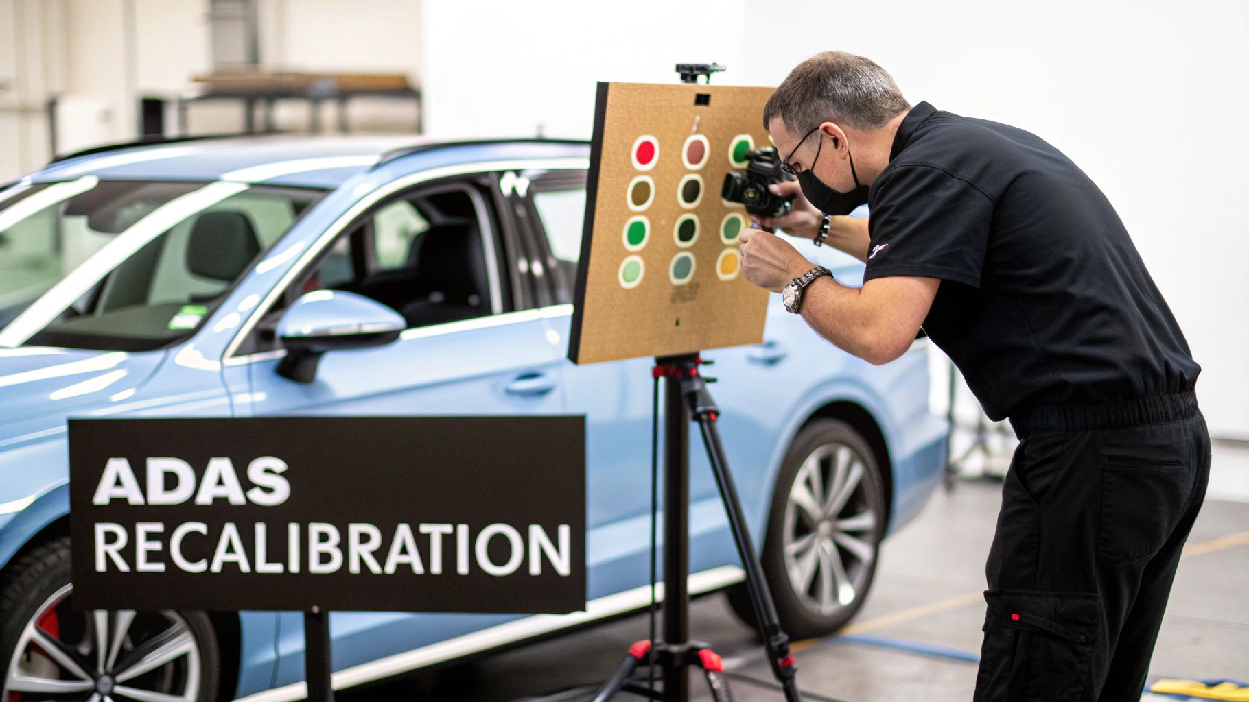 A technician recalibrates ADAS on a light blue car with a specialized tool and target board.