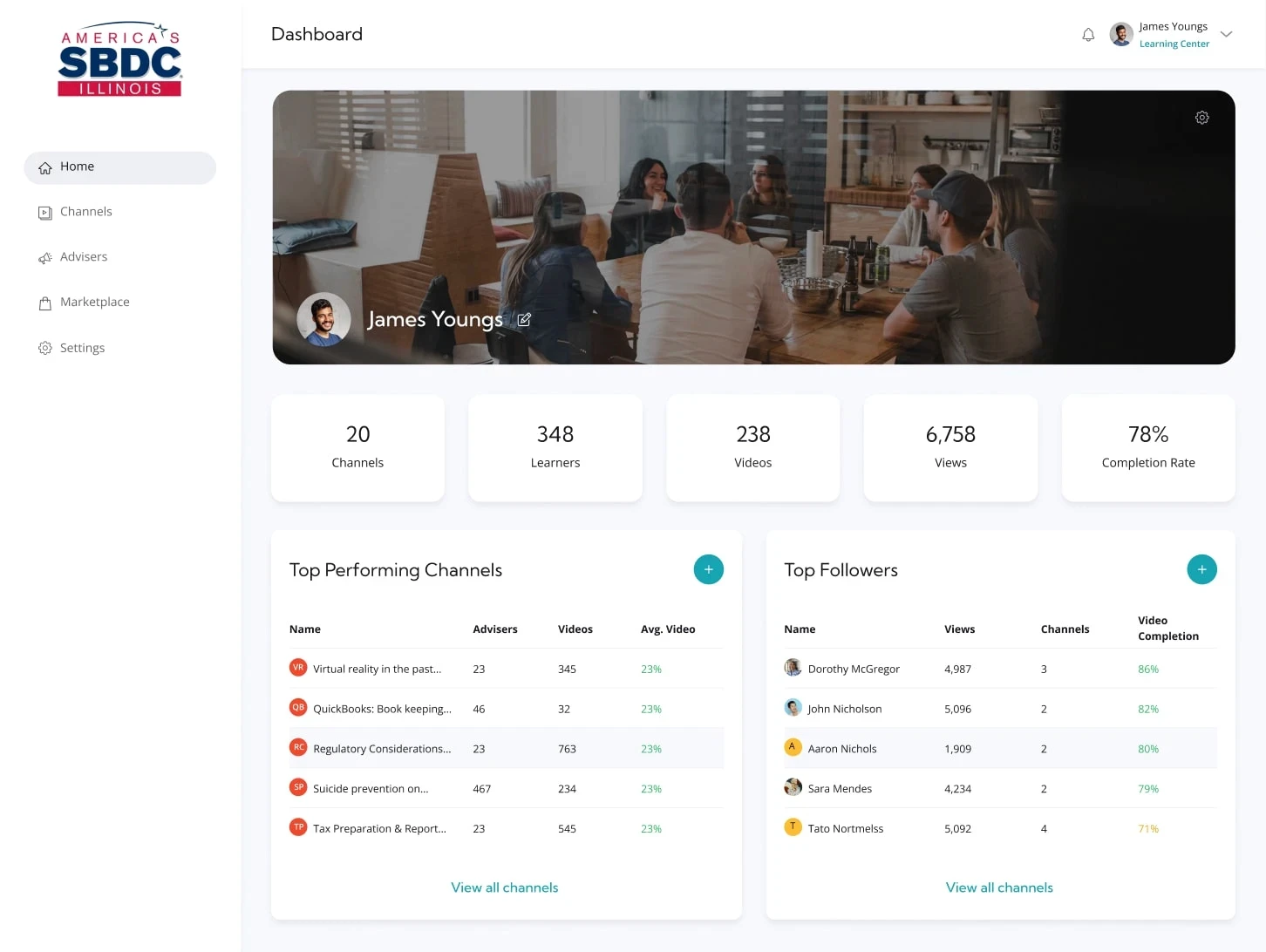 Learning center home dashboard for webapp