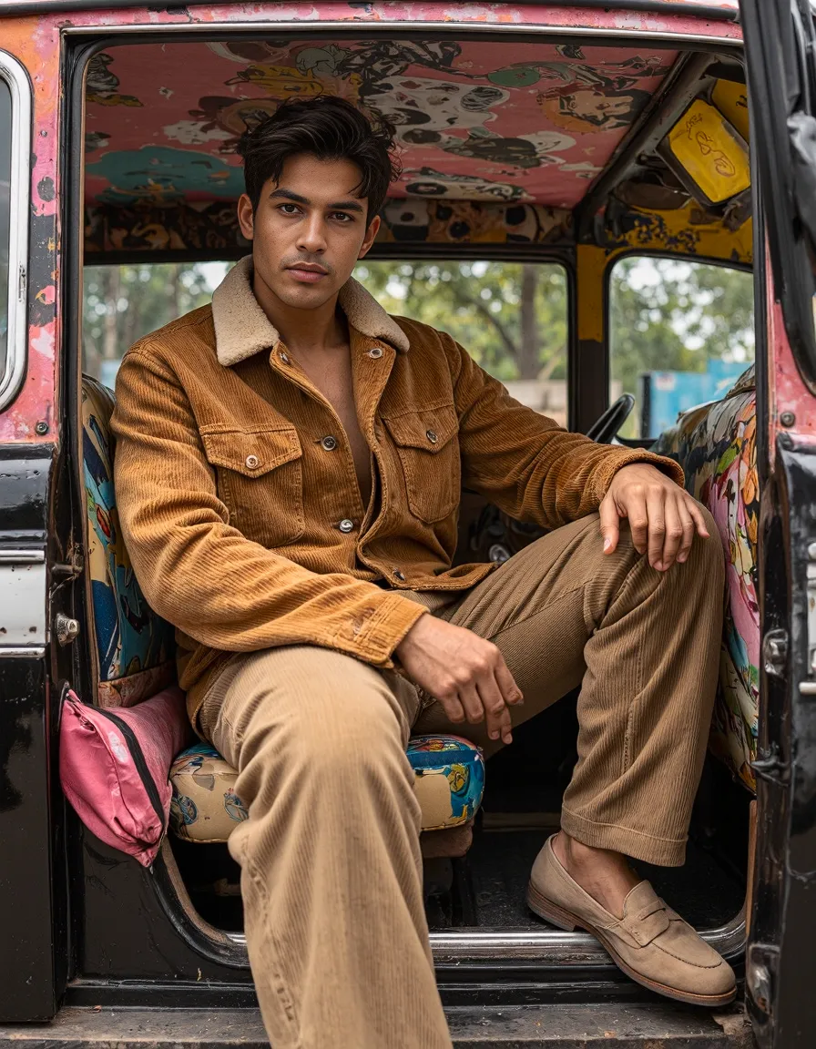 Person in tan corduroy jacket and beige pants sitting in colorful vintage car interior, showcasing retro autumn fashion aesthetic.