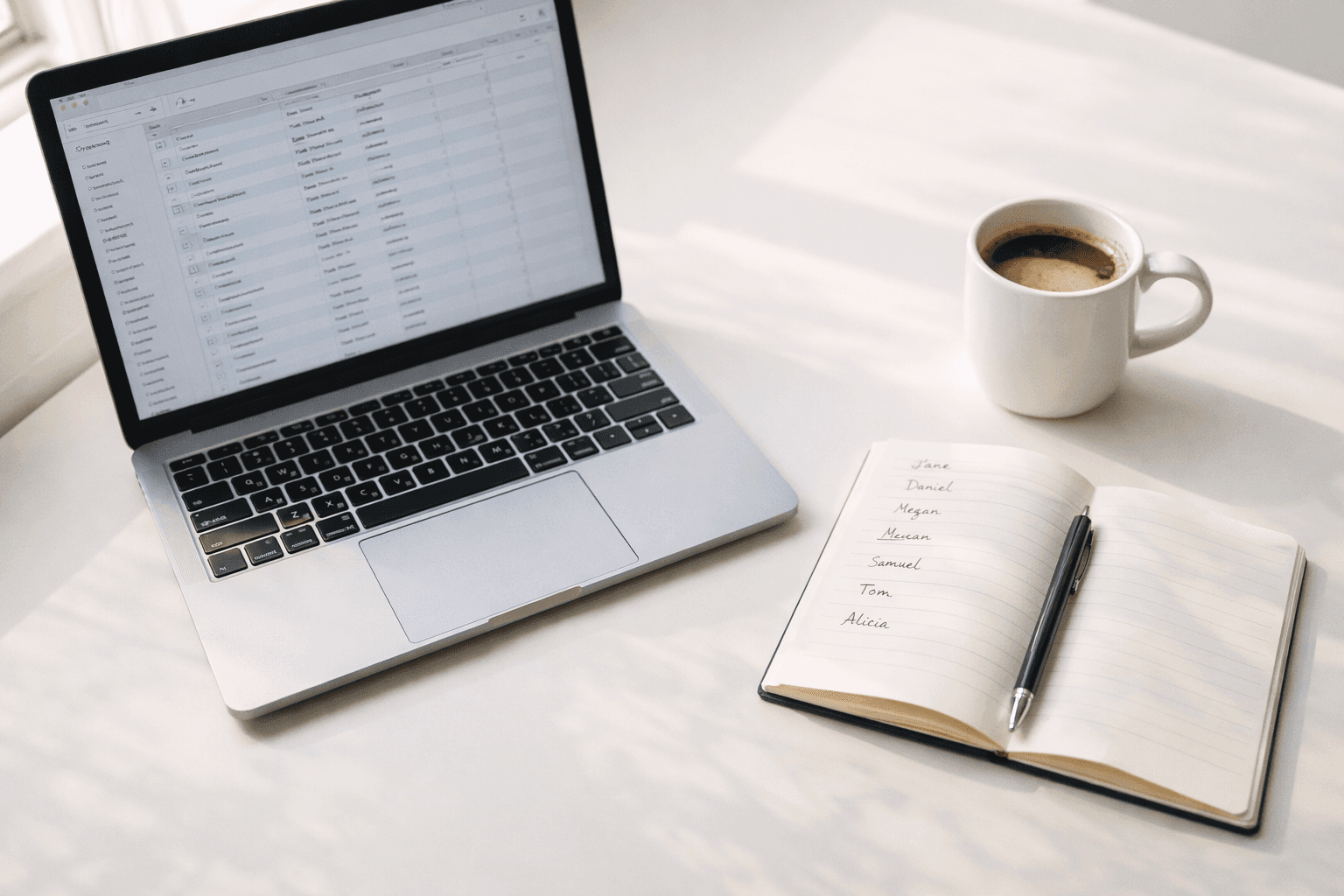 Top-down view of a clean office desk with a laptop showing a contact spreadsheet, a notebook with handwritten names, a pen, and a cup of coffee in morning light
