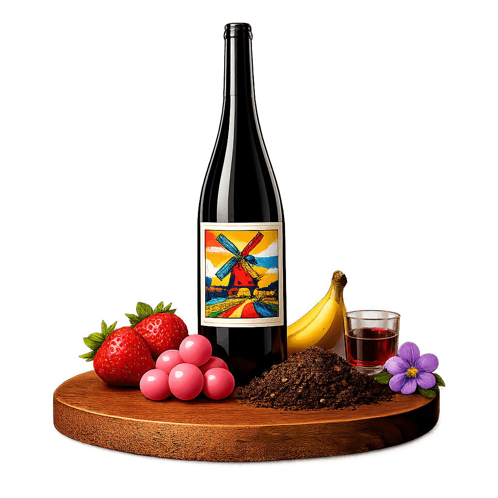 Artistic label and flavor profile for Beaujolais Red on a rustic wooden table.