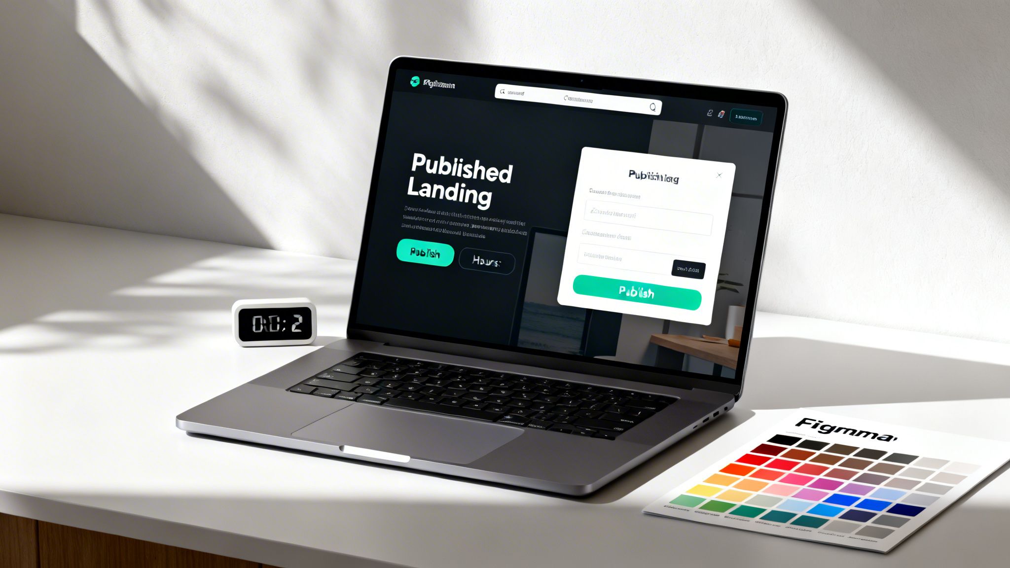 Laptop displaying a landing page design, a publishing dialog, a digital clock, and a Figmma color palette.