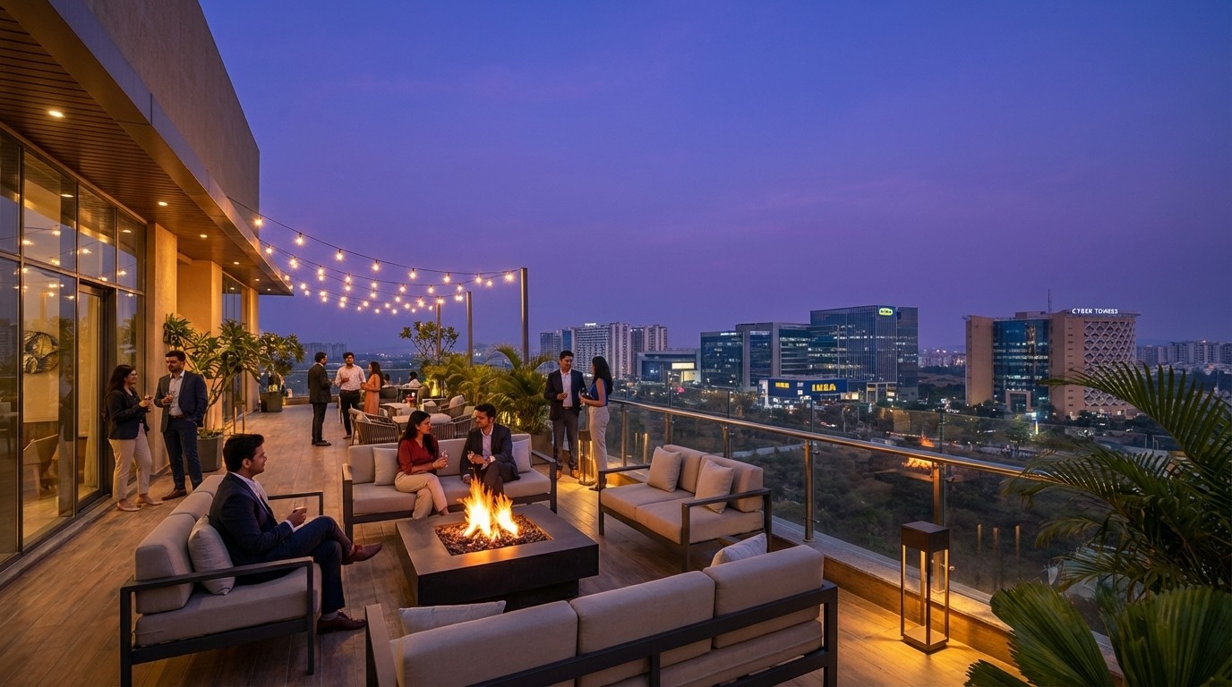 Rooftop sky lounge at Prestige Vaishnaoi Rainbow Waters, 36-storey residential tower in Gachibowli, with HITEC City skyline