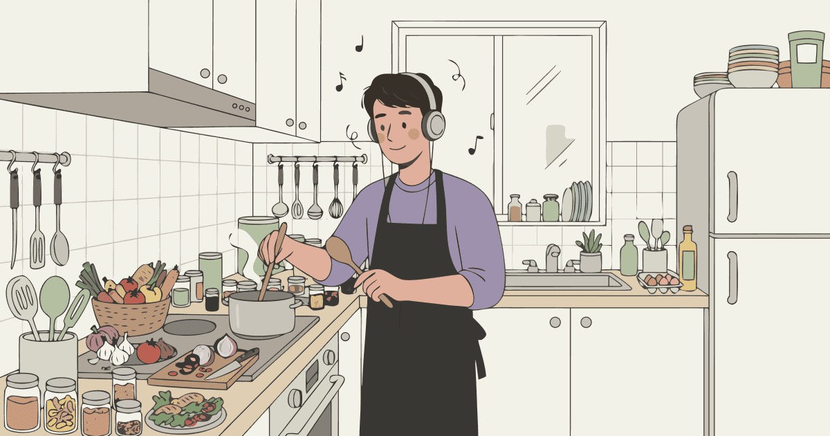 Illustrated young man wearing headphones and a black apron, smiling while stirring a pot in a small apartment kitchen. Fresh vegetables, spices, and a cutting board with chopped ingredients cover the counter. A window behind him shows a faint city skyline. Music notes float around his head. Warm cream background with hand-drawn doodle marks. Flat painterly style, variable linework.