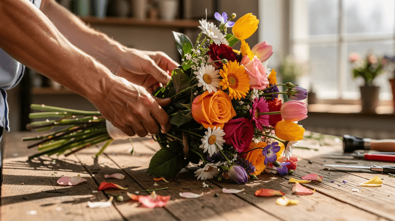 Una imagen muestra manos organizando cuidadosamente un colorido ramo de flores frescas sobre una mesa de madera en un taller iluminado. Este proceso de creación de contenido visual resalta la importancia de la calidad y la atención al detalle en el marketing de contenidos.