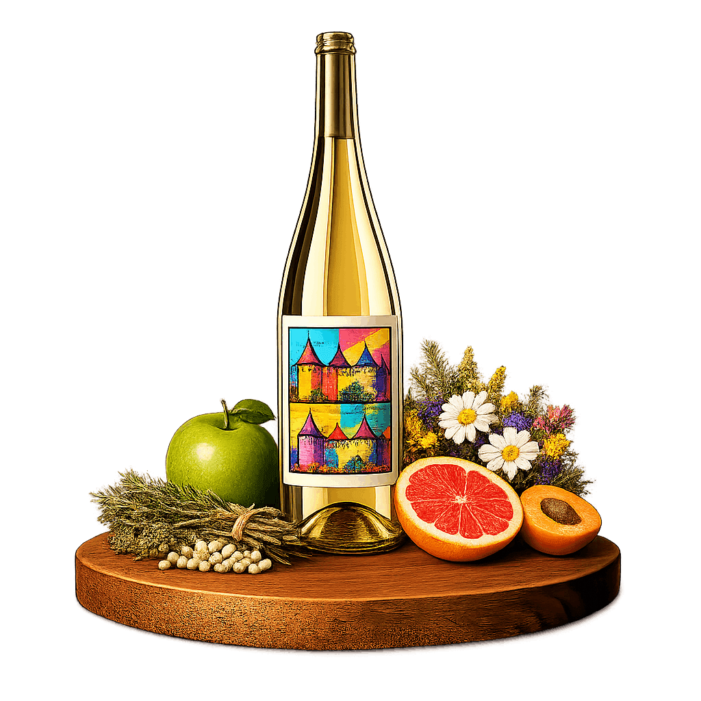 Artistic label and flavor profile for Moldovan Feteasca Regala on a rustic wooden table.