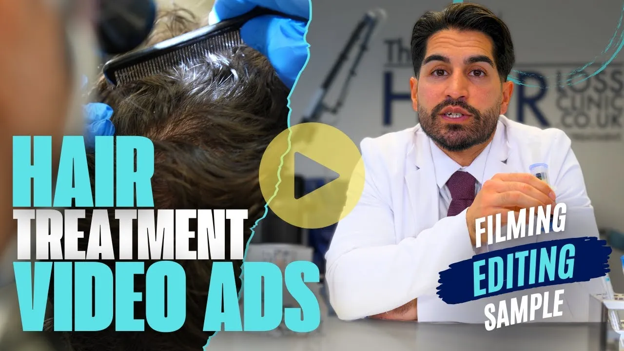 Healthcare video ad production for a Manchester hair loss clinic, combining on location filming and professional editing to promote treatments through engaging social media video content.