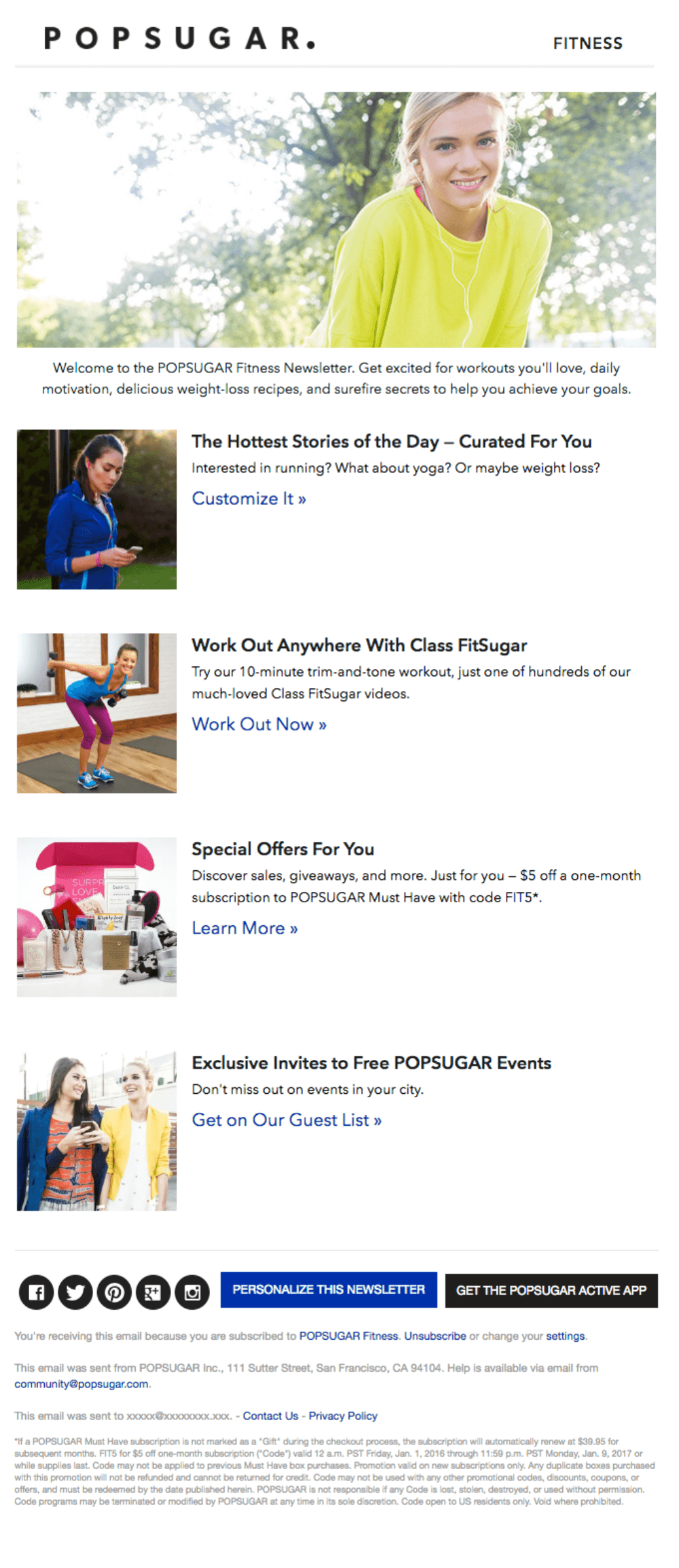 PopSugar Fitness newsletter featuring curated stories, workout videos, special offers, and event invites. Includes vibrant images of fitness enthusiasts and fitness gear.