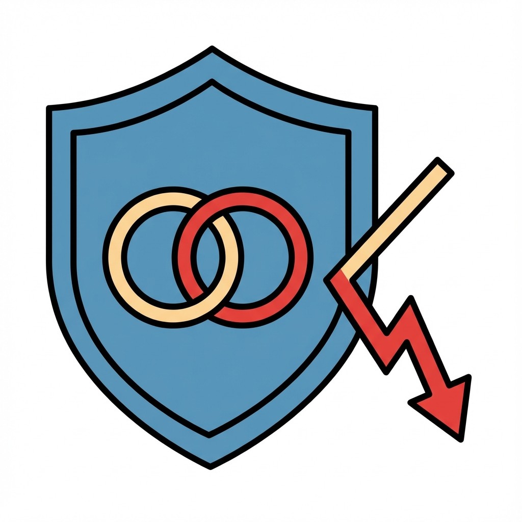 Blau umrandeter Schild mit zwei Personen, Herzsymbol und Geldschein, darüber roter Blitz und Pfeil nach oben.