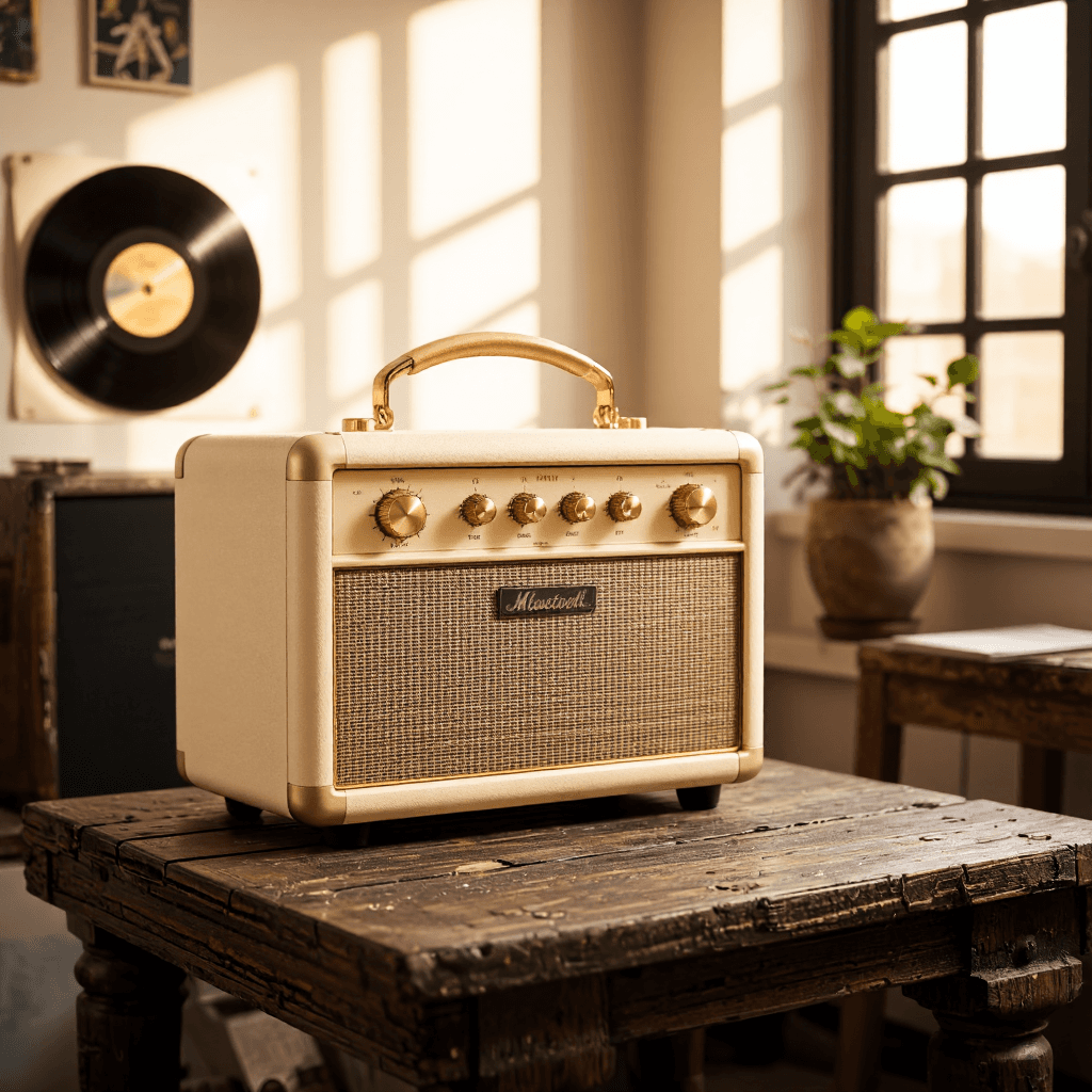 product photography of a portable Bluetooth speaker with a retro design