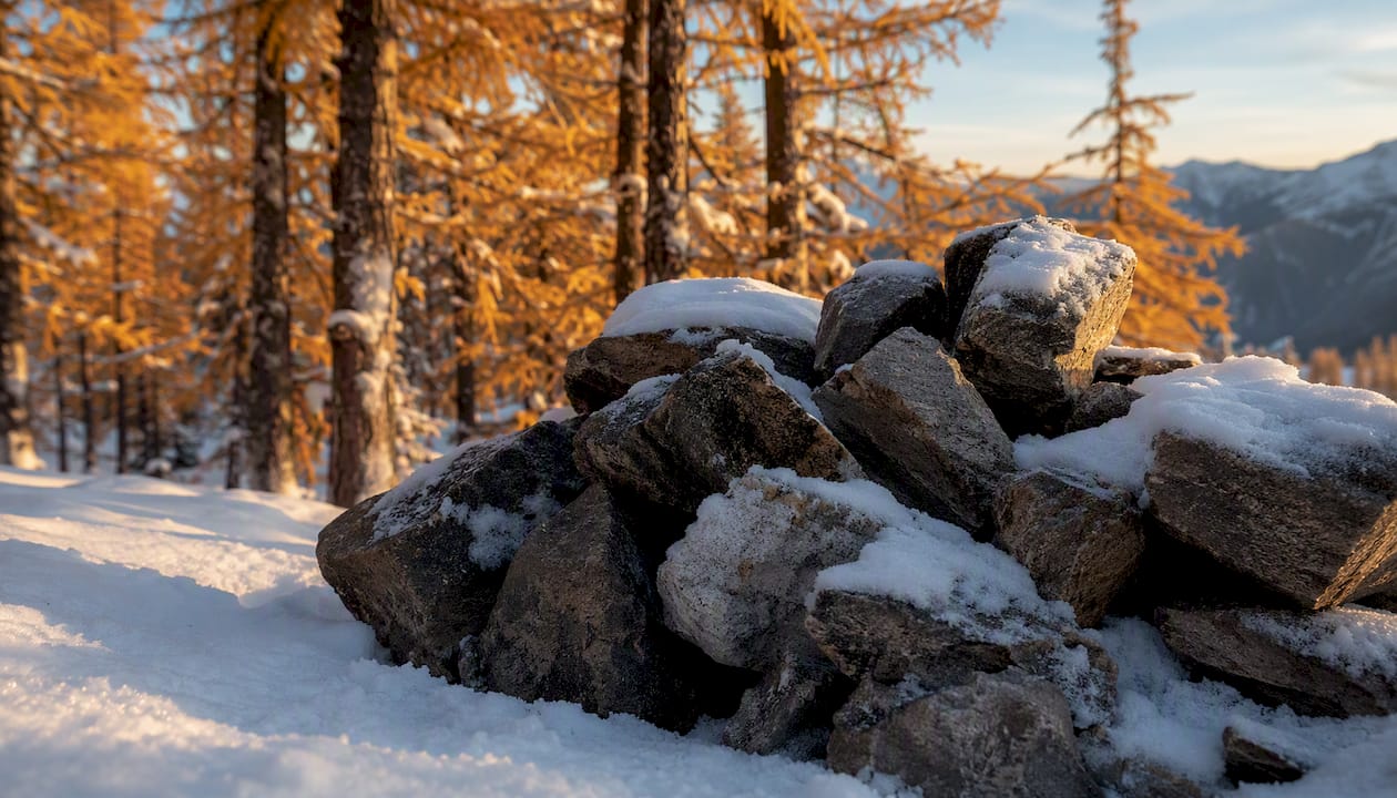 Natural stones among snow-covered larch trees