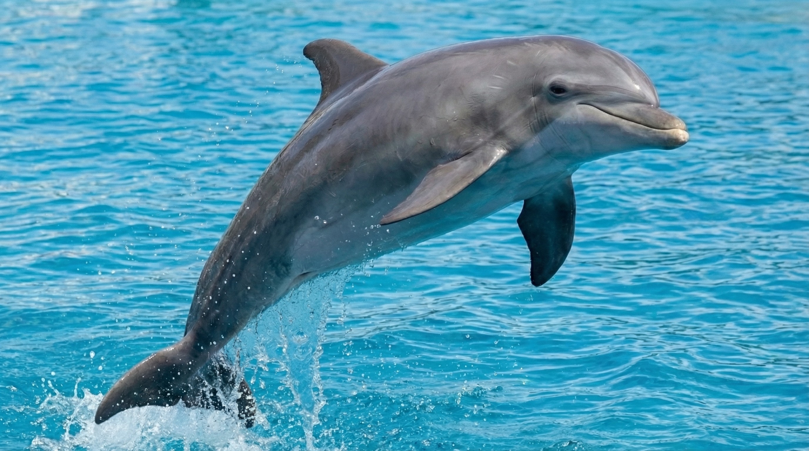 Dolphin leaping mid-air completely out of bright blue water