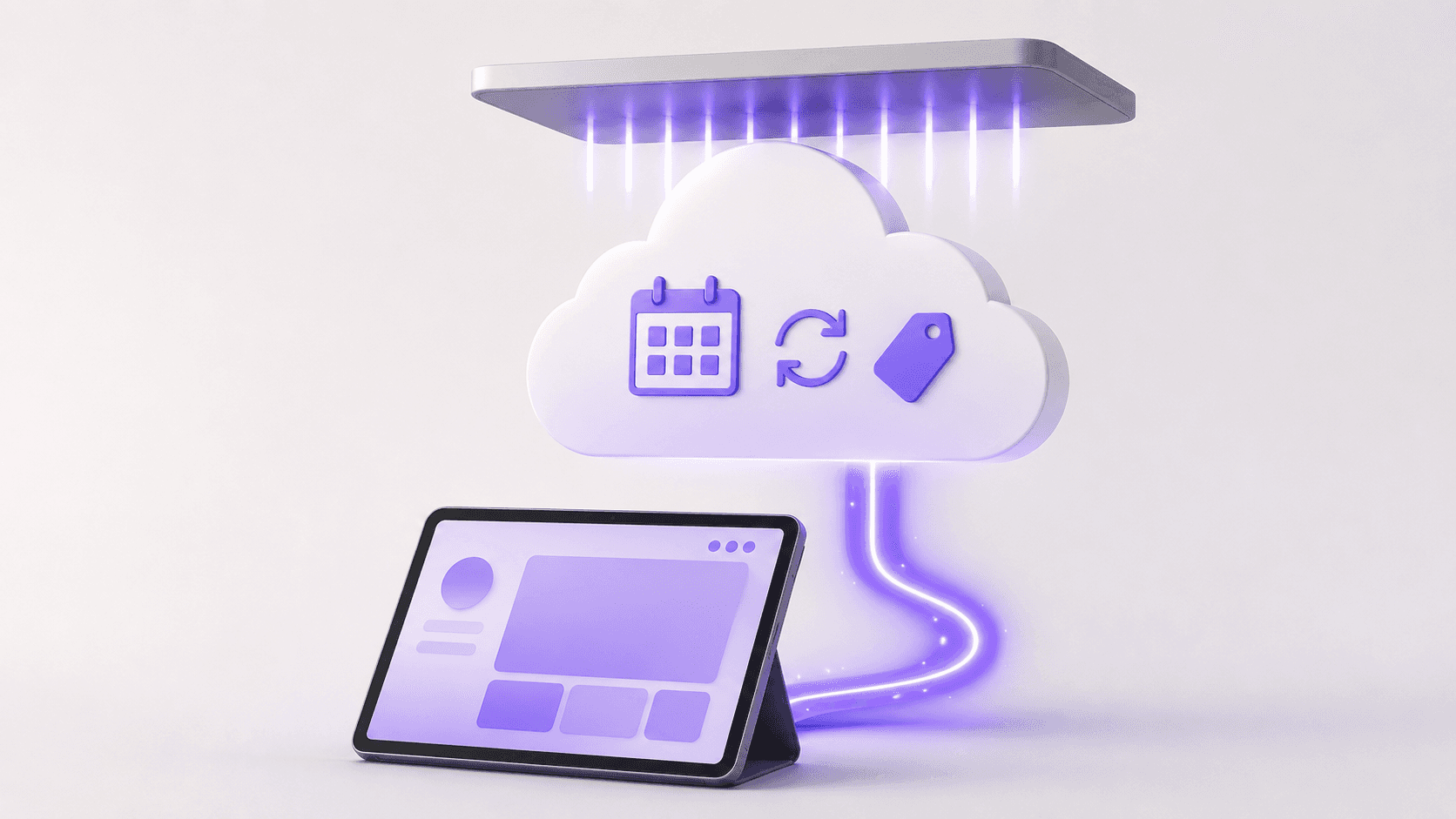 Tablet connected to a cloud system with calendar, sync, and tag icons, suggesting cloud-based app management.